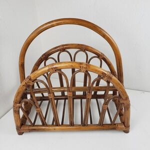 Vintage Bent Bamboo Rattan Magazine Rack Boho Wicker Floor Holder Arched Handle